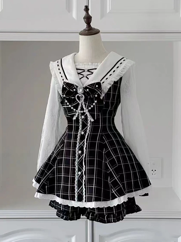 

Японский кавайный кружевной клетчатый комплект из 2 предметов, женское осеннее платье с милым бантом, тонкий лоскутный костюм, новинка 2025 года, элегантные шикарные наряды с v-образным вырезом
