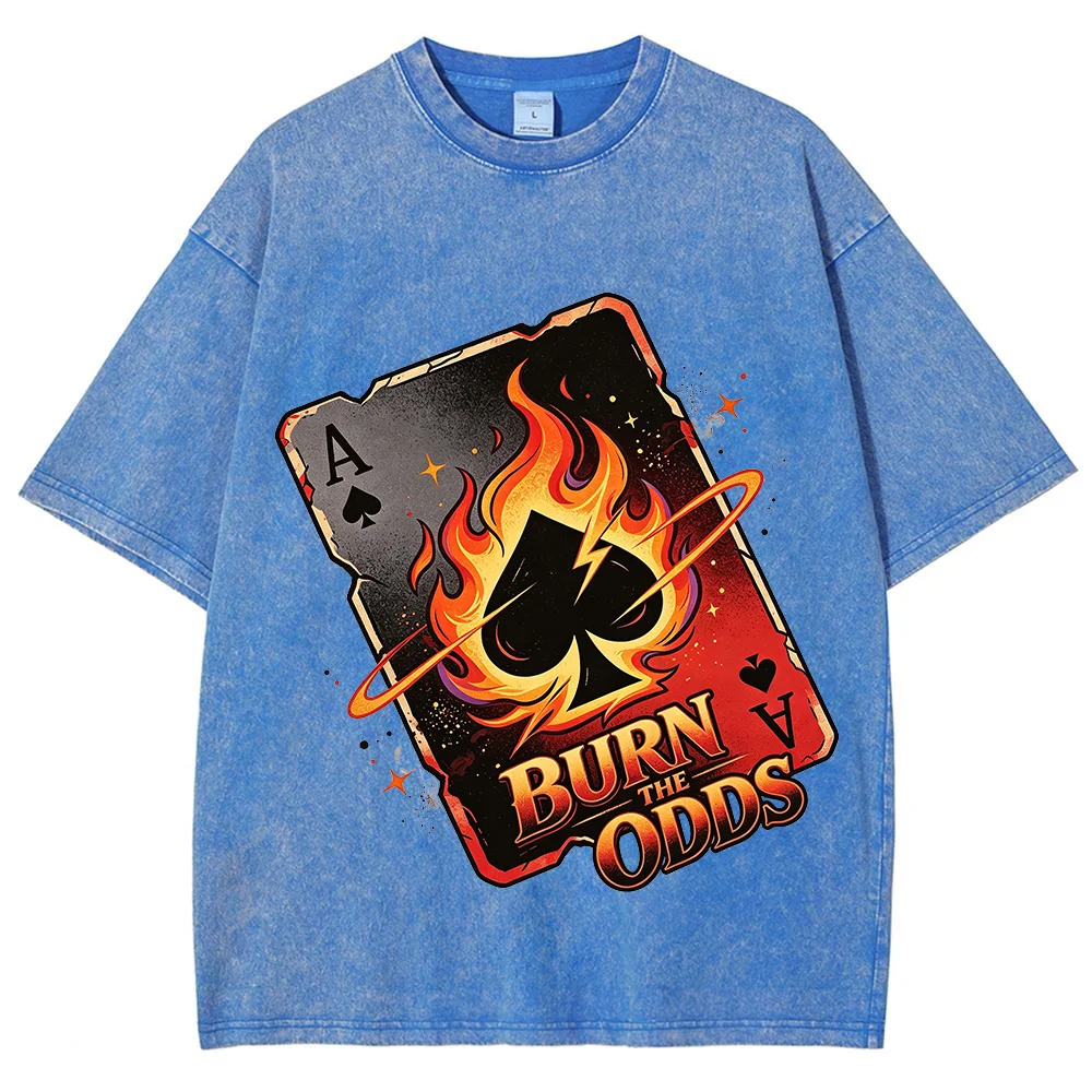 Men  T Shirt Burn The Odds Ace Of Spades Fire Printed Vintage Washed Oversized Short Sleeve Cotton Top Harajuku Streetwear