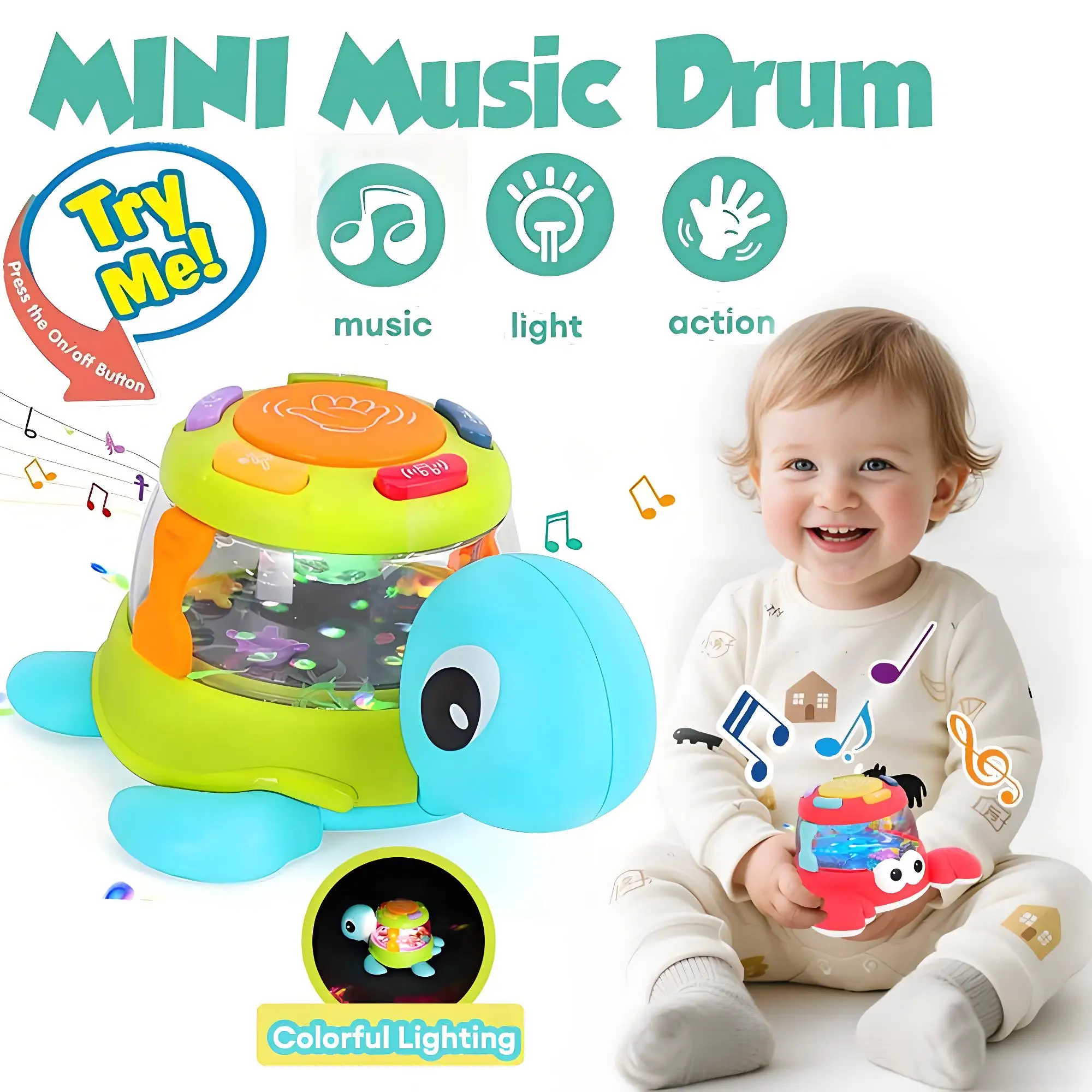 

Музыкальный ручной барабанчик в виде мини-краба/черепахи для малышей, игрушка для развития на животе, для обучения ползанию, с цветными светящимися элементами (цвет случайный)