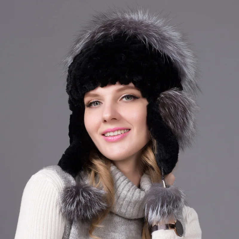 New Rabbit Fur Hats, Fashionable Warm Knitted Hats, Women's Woven Hats, Ear Protector Hats, Foreign Trade Hot Sales