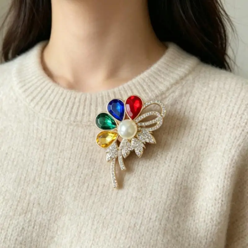 Fashionable Colorful Flower Brooch For Women Exquisite Plant Pearl Shiny Rhinestone Pins Party Office Wedding Corsage Jewelry