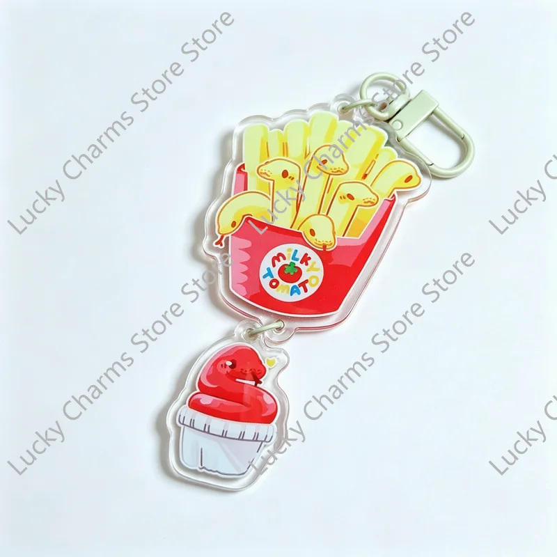 Cute Cartoon Snake Burger Fries Acrylic Bag Charm Fast Food Serpent Double Pendant Backpack Decor Kawaii Food Animal Accessory G