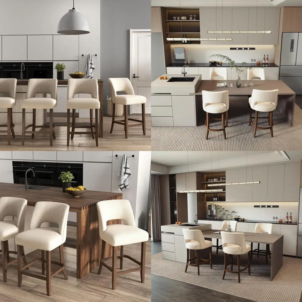 Barhocker-Set mit 4, gepolsterten Barhockern in Thekenhöhe, moderne Thekenhocker mit Holzbeinen für das Kücheninsel-Esszimmer b