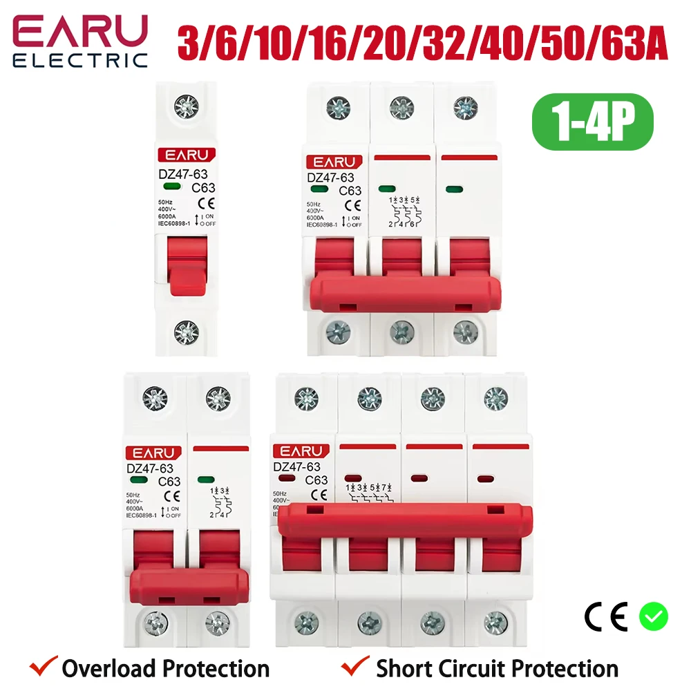 DZ47 1-4 Pole 3A/6A/10A/16A/20A/32A/40A/50A/63A 400V C Type Mini Circuit Breaker MCB 35mm Din Rail Mount Breaking Capacity 6KA