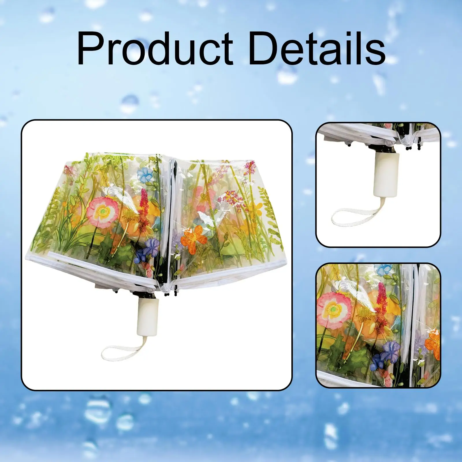 Transparent Floral Rain Umbrella Compact Three Fold Dome Canopy Windproof for Travel and Daily Use