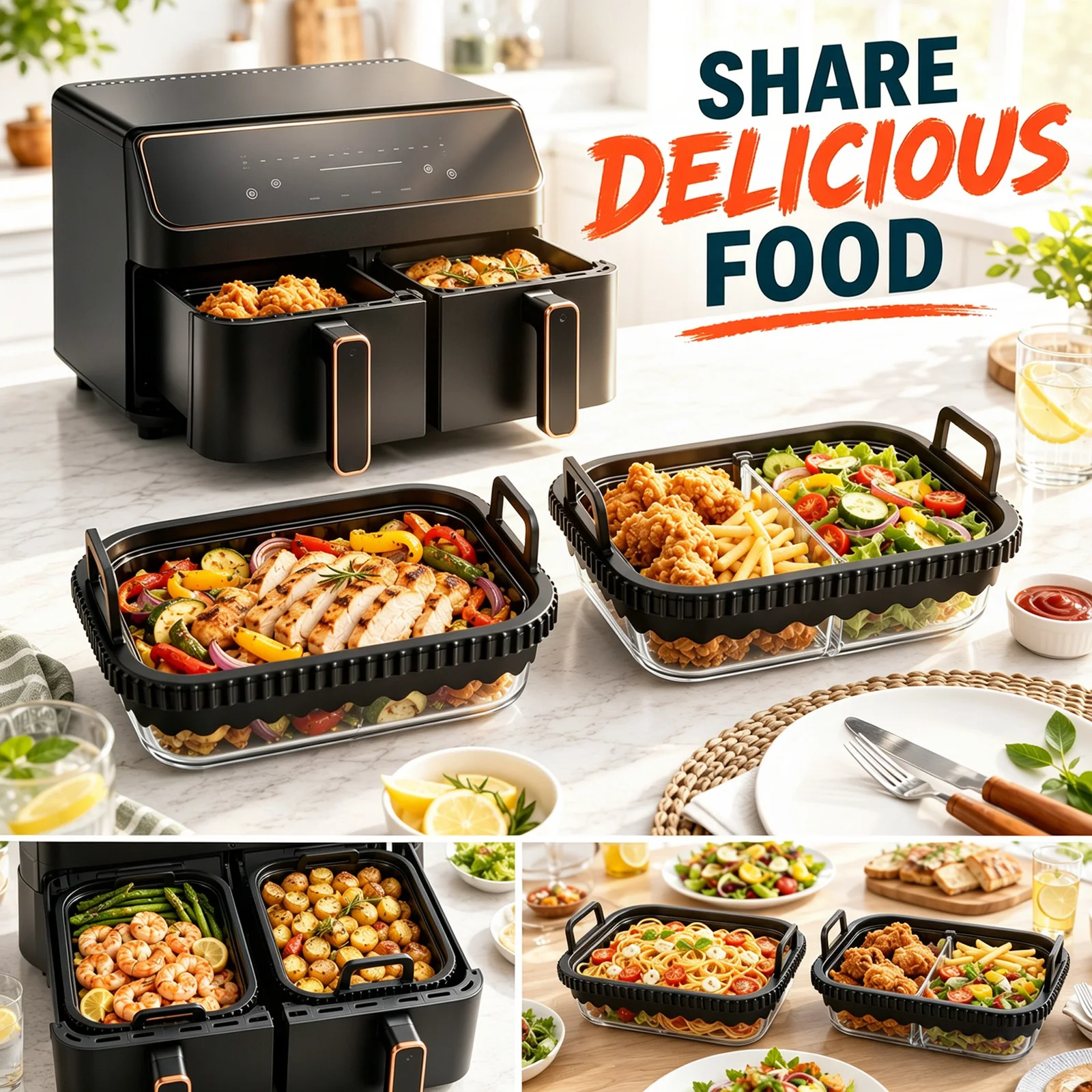 2 plateaux de cuisson en verre pour friteuse à air, qualité alimentaire, résistants aux chocs thermiques, transparents, design visible pour surveiller la cuisson, faciles à nettoyer, compatibles lave-vaisselle, plaque de cuisson multi-usages