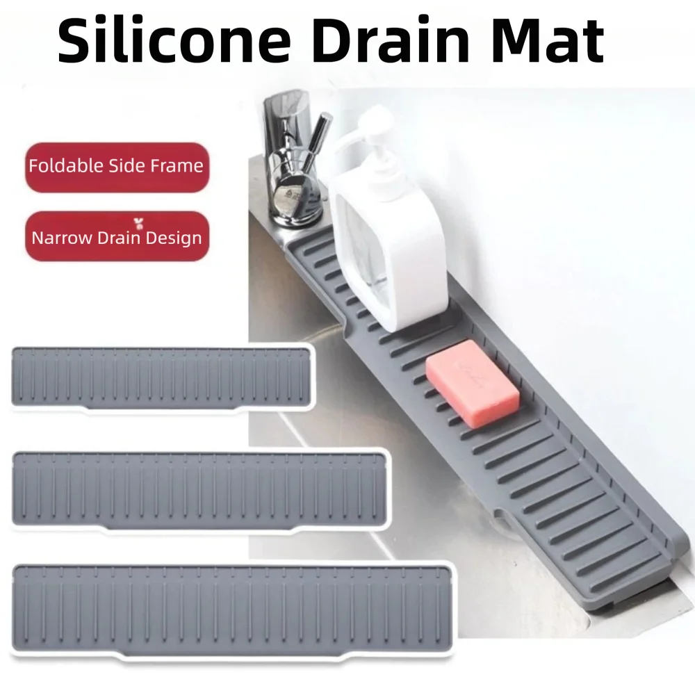 New Slope Sink Drain Pad Narrow Edge Splash-proof Sink Water Absorbent Tray Anti-slip Silicone Countertop Drain Pad Kitchen