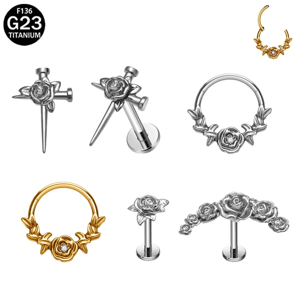 

ASTM F136 Titanium Rose series Nose Ring Earrings Cartilage Earring 16G Flat Back Labret Helix Tragus Stud Piercing Jewelry