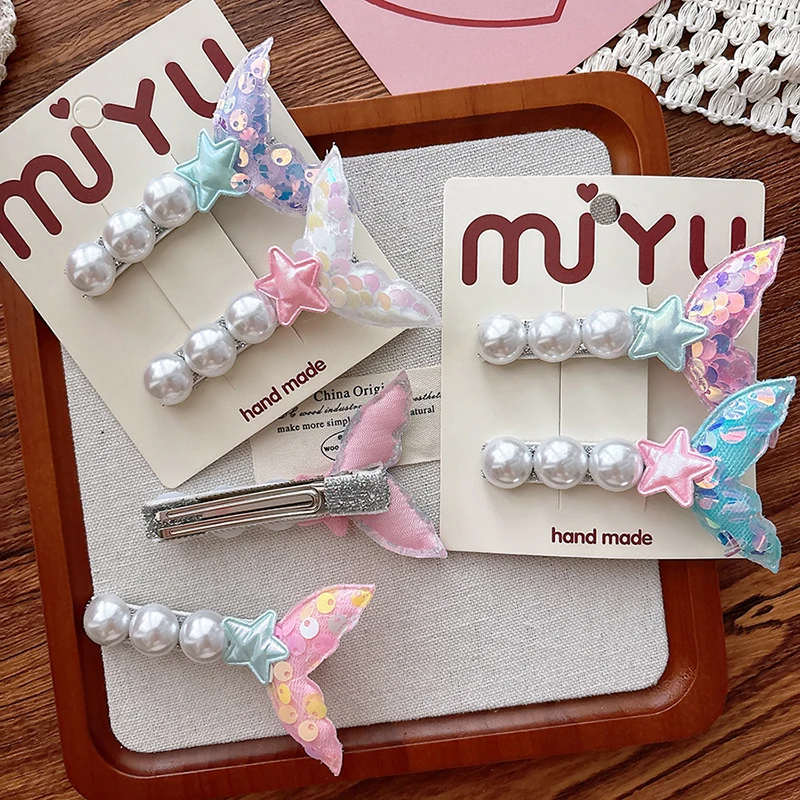 

2PCS/Set Summer Pearl Sequined Fish Tail Hair Clips for Girl Mermaid Hairpins Sweet Sided Clips Barrettes Kids Hair Accessories