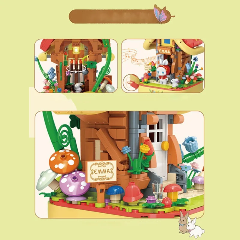 JAKI block music box Mushroom house Cherry blossom tree 3D stereoscopic painting creative decoration children's block toys