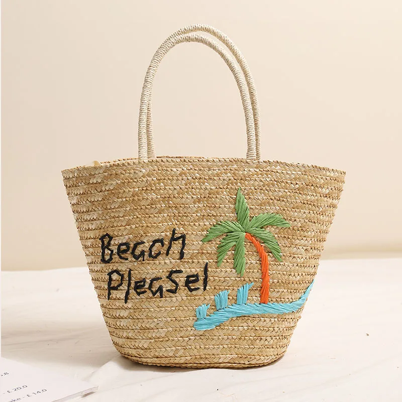 Coconut Tree Embroidery Straw Bag Bohemian Letter Bucket Bags For Women Summer Travel Beach Bag Vacation Shoulder Bags Shopper