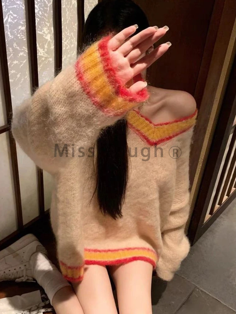 2023 Winter Vintage Knitted Pullovers Women V Neck Sexy Korean Fashion Y2k Elegant Tops Female Loose Warm Retro Sweater Clothing