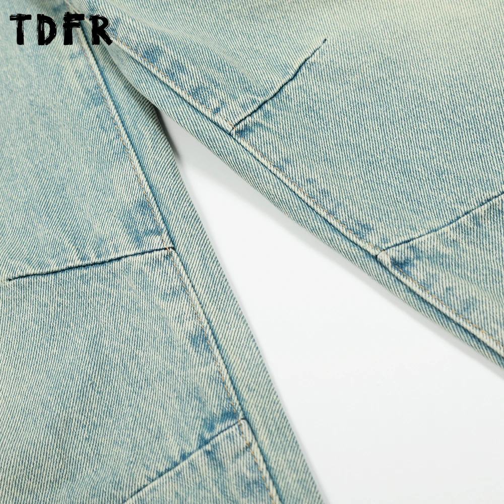 Ripped Denim กางเกง Mens Washed Distressed Spliced Streetwear Retro ตรงหลวมกางเกงยีนส์ขากว้างผู้ชาย