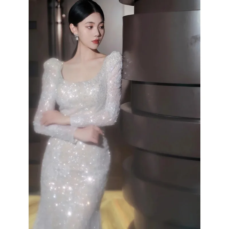 Fishtail luz vestido de casamento manga longa nupcial high-end fio de boas-vindas lantejoulas es estilo fotopolitan luz luxo banque anfitrião dre