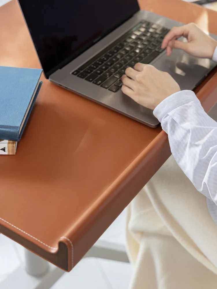 

Mobile lifting desk gold brown saddle leather writing desk computer desk metal bracket