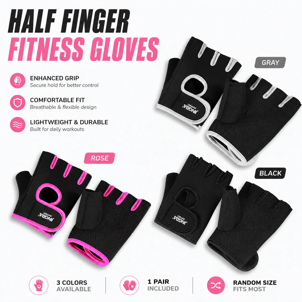 Half Finger Fitness Gloves Random Size Gym Workout Cycling Training Gloves Breathable Non Slip Grip for Men Women 3 Colors Pairs