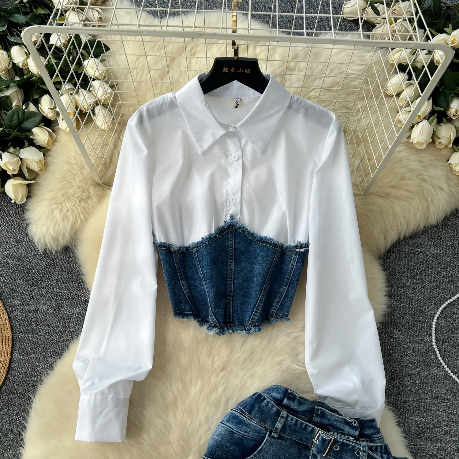 Mode Spleißen Gefälschte Zwei-stück Langarm-shirt frauen Gürtel Taille Denim Rock Zwei-stück Set