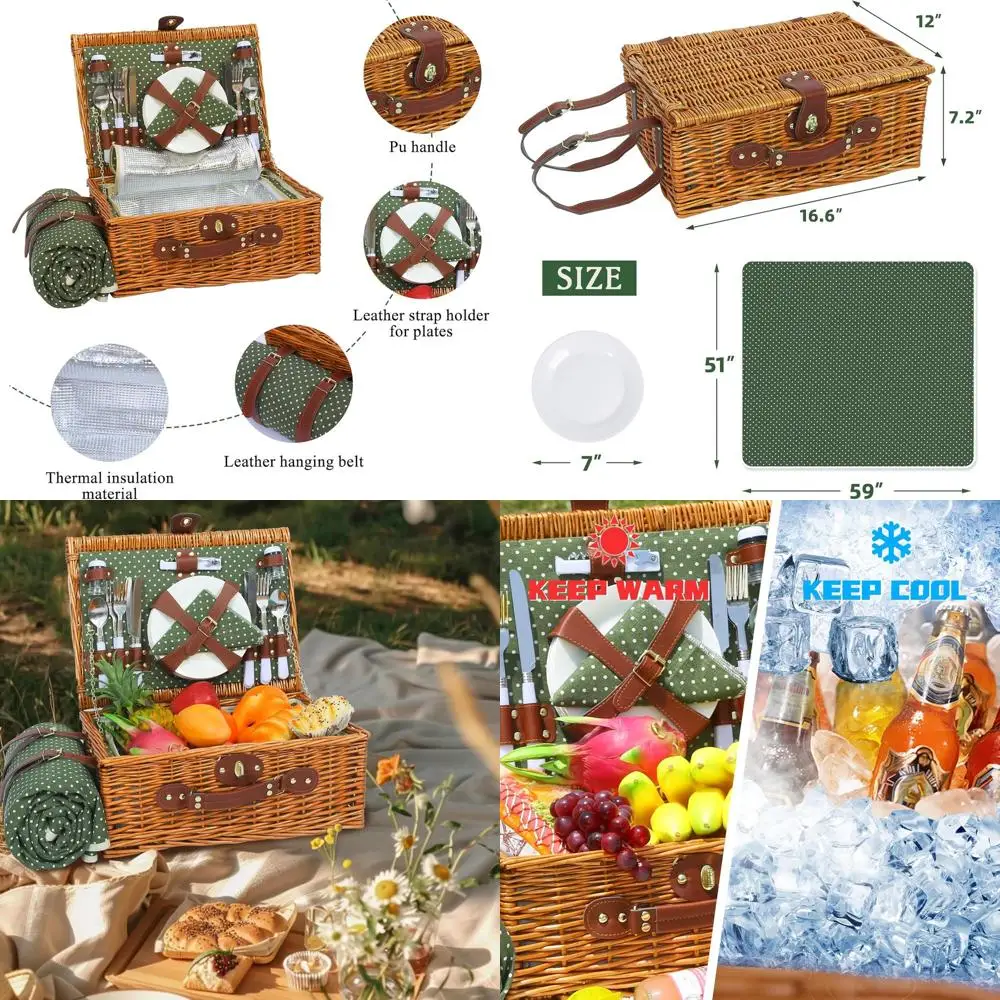 

Набор для пикника на 4 человека: водонепроницаемый, с термосумкой и большой плетеной корзиной для мероприятий на открытом воздухе