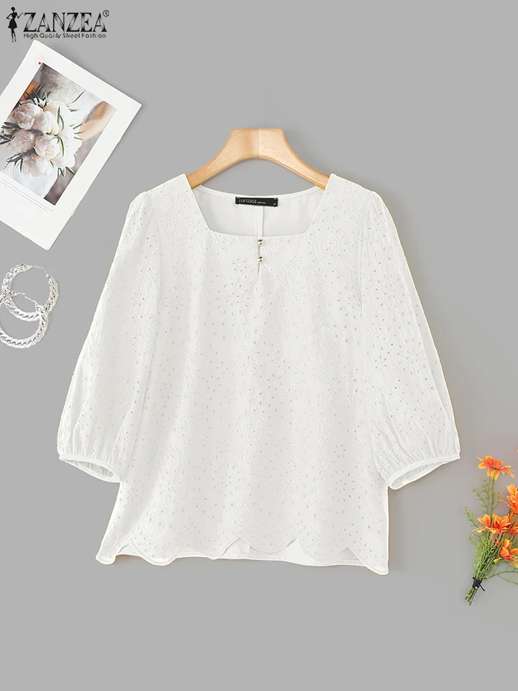 

ZANZEA Vintage Lace Top Blusas Women Fashion 3/4 Sleeve O Neck Blouse 2025 Autumn Solid Color Tuinc Casual Loose Cotton Pullover