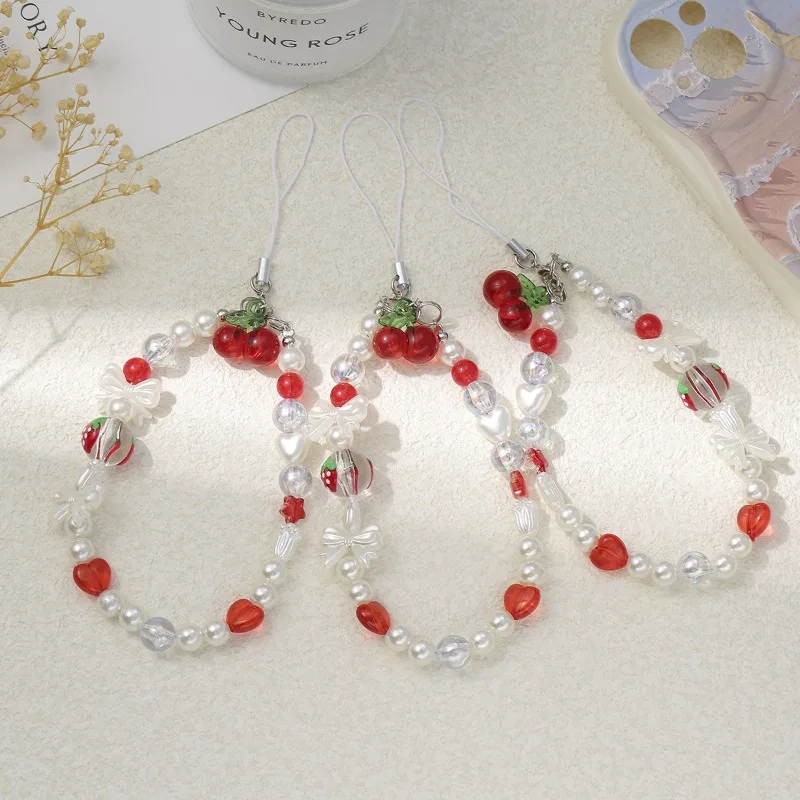 

Cute Cherry Phone Strap Short Chain Lanyard for Girls Kawaii Handmade DIY Strap for Cellphone CCD Camera Sweet Fruit Pendant