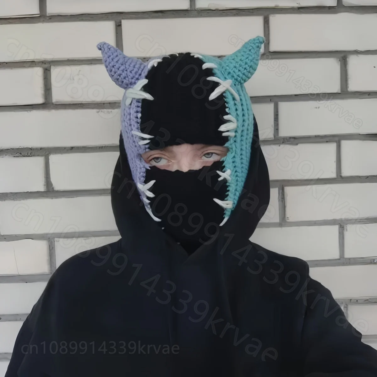 

Balaclava hat handmade crochet mask hat personalized handsome horn hat warm wool Motorcycle Face Mask