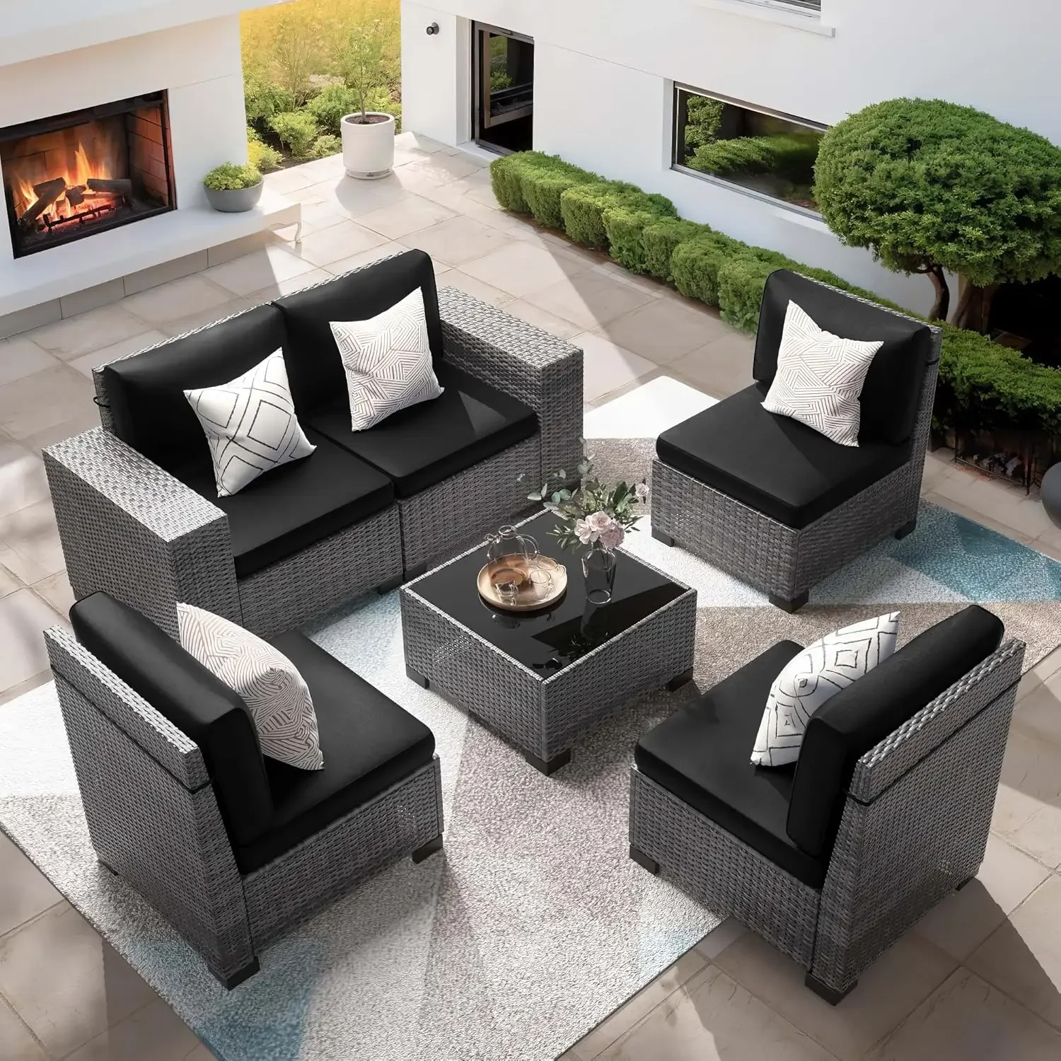 

Outdoor Sectional Sofa Conversation Sets, PE Rattan Wicker Seating Set, Thickened Cushions & 1 Glass Coffee Table for Backyard