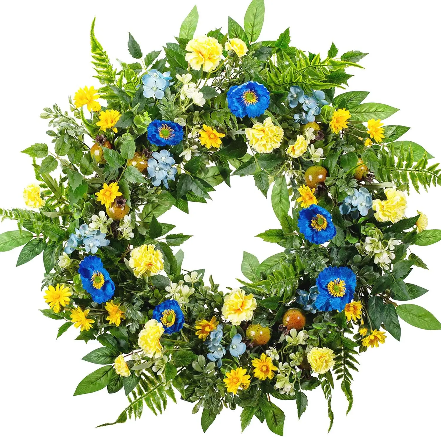 

24 Inch Spring Summer Carnation Wreath for Front Door with Blue Yellow Flowers Pomegranates Daisy Wedding Decor