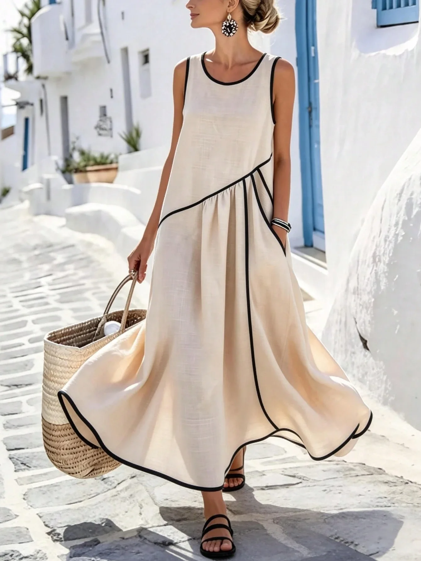 

Повседневное льняное макси-платье для отдыха с контрастной отделкой и карманом