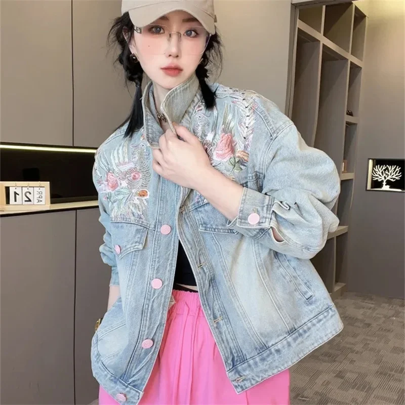 Spring and Autumn Short Jeans Jacket Women 2024 New Embroidered Chinese Style European Station European Goods Short Top Lady