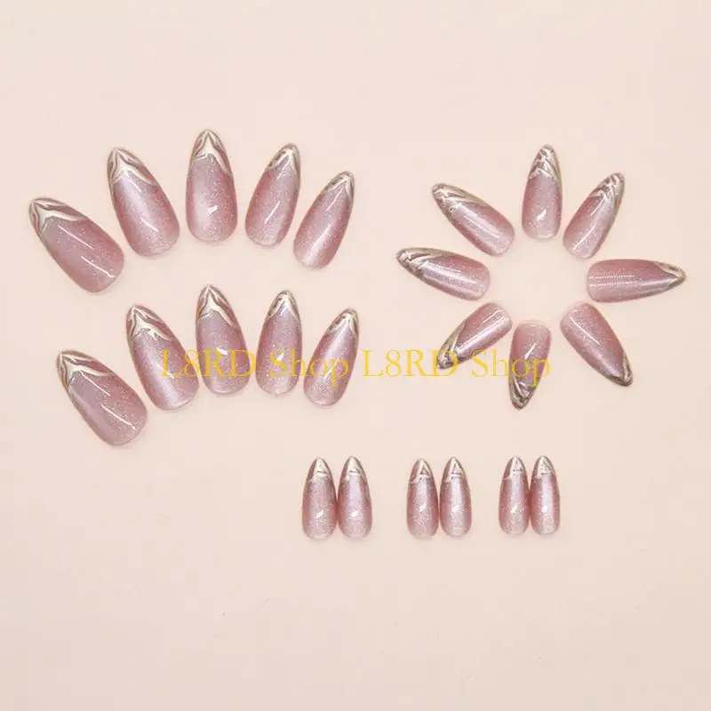 L8rd Presse auf Nagel Mandel falscher Nagel mit Glitzern Pailletten Design Cats Eye Glossy auf Nagelklesschen auf Frauen