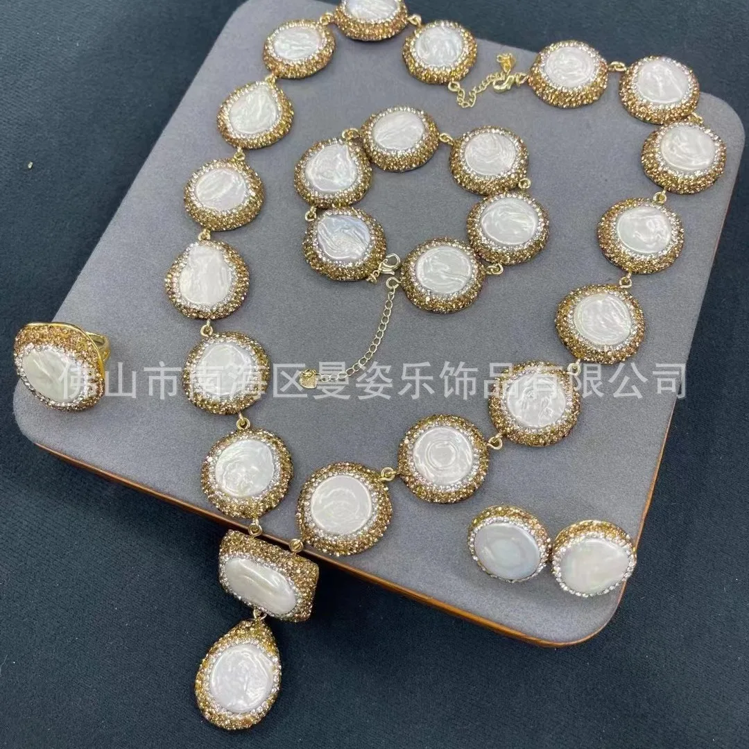 

Ore natural baroque pearl set European four-piece stone exaggerated bohemian cross-border pendant necklace earring ring bracelet