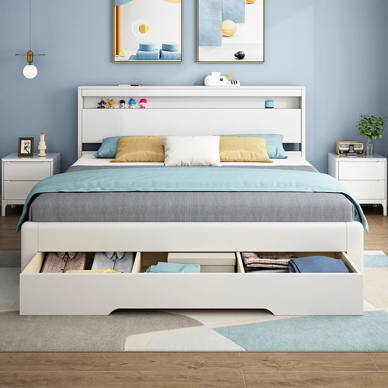 

Nordic white, solid wood bed, modern minimalism, master bedroom, storage, double, small apartment