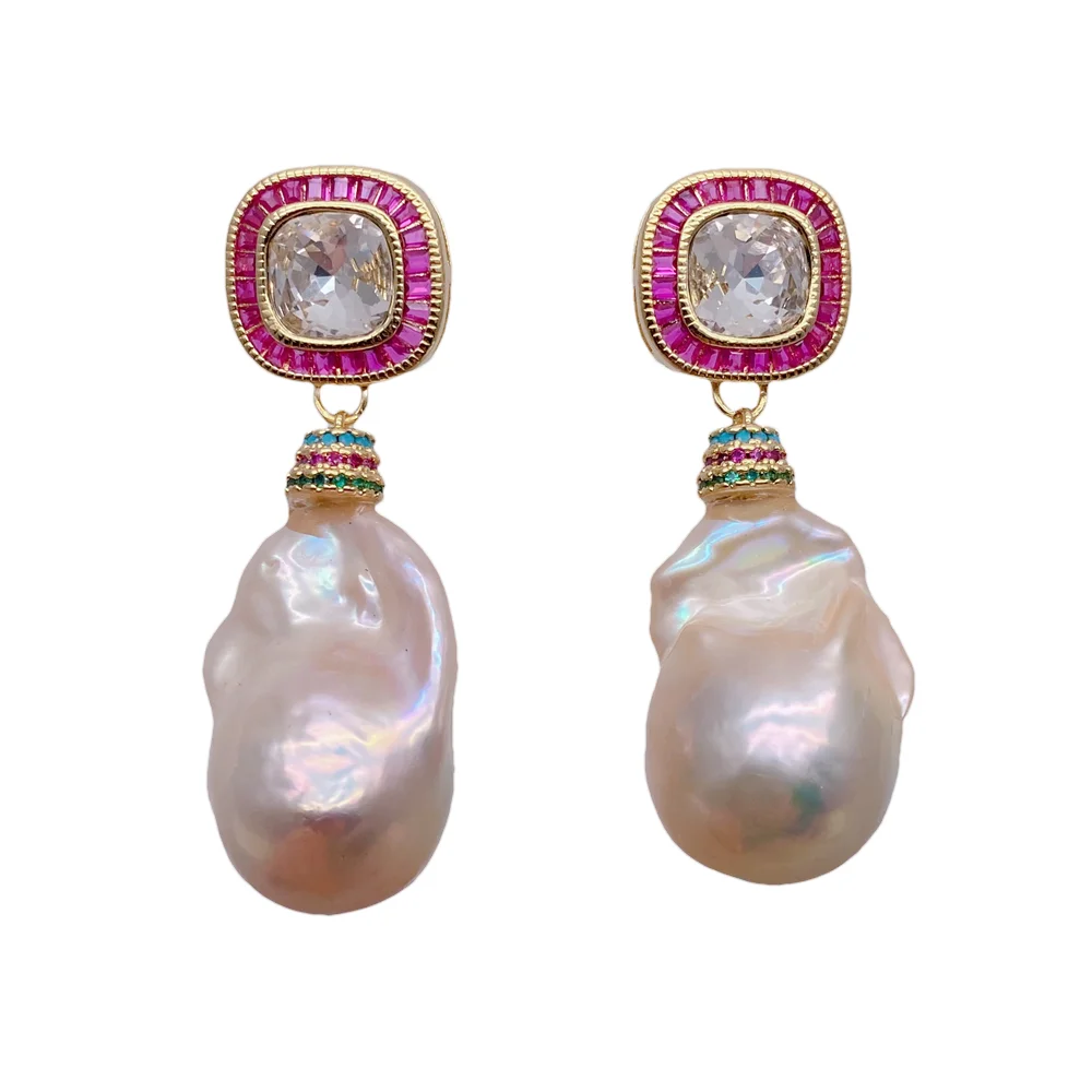 

YYGEM 16x25mm Freshwater Pink Reborn keshi Pearl Dangle Drop Earrings Fashion Cz Square Stud Earring Designer Jewelry