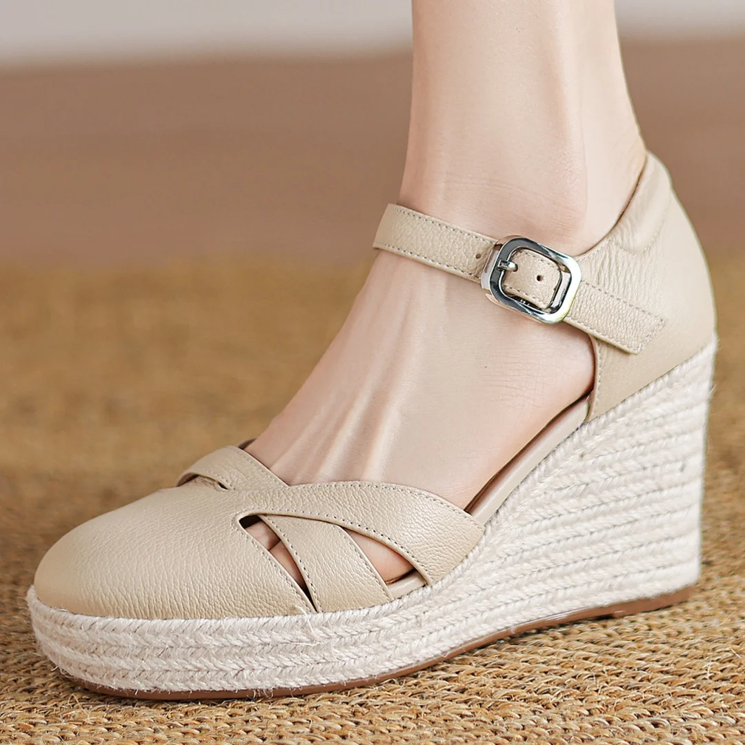 

Женские босоножки на очень высоком каблуке 9 см с ремешком на щиколотке из овчины, летние туфли-лодочки на танкетке из конопли с круглым носком, модельные туфли