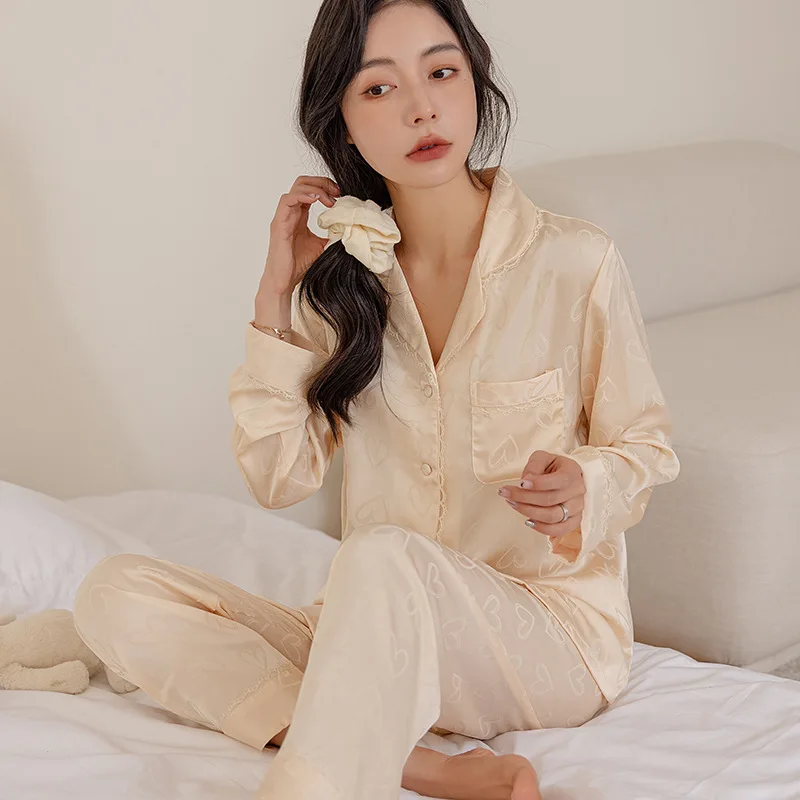 Silk Pajama Woman Pyjama-Sets Suit For Home 2024 Autumn Long Sleeve Trousers Nightie Pajama Lady Sleepwear Nighty Set