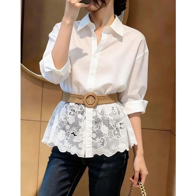 

Spring 2026 White Collar Shirt Women's Commute Lace Trim Waist Cinching Slimming Top Comfortable Breathable Polyester