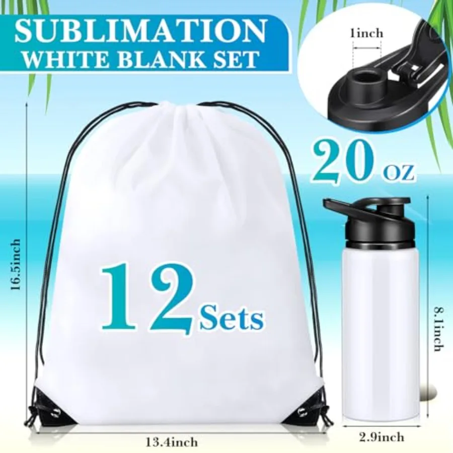 12 Set 20 oz Sublimation Aluminum Water Bottle and Sublimation Drawstring Bags Blank Metal White Sport Water Bottle with Drawst