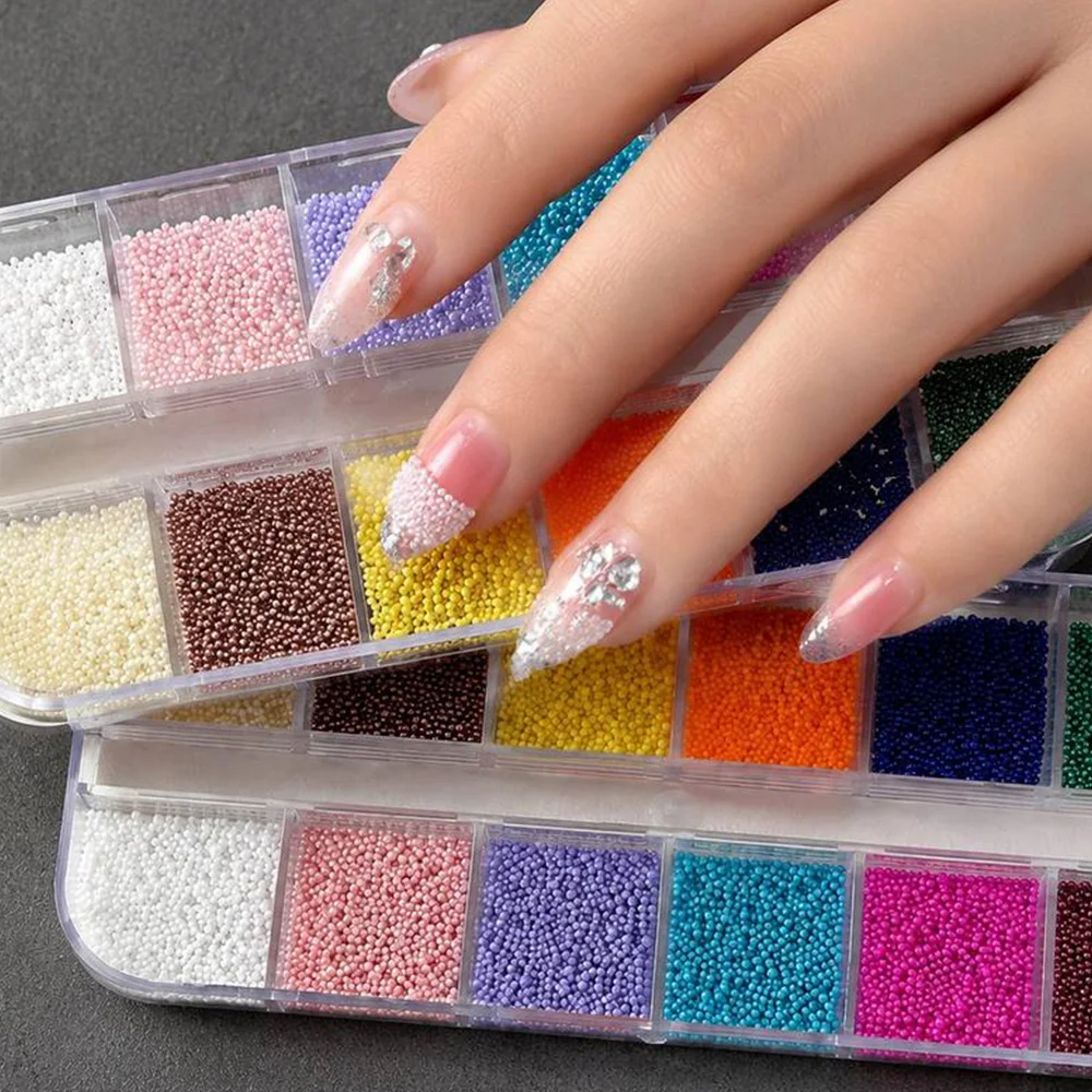 12 Grids Multi-Colored Mini Round Caviar Beads Shiny Metallic Micro Ball Nail Decor DIY Nail Art Craft Supplies