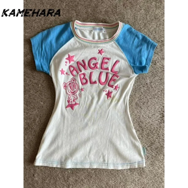 

KAMEHARA American Vintage Color Contrasting Cartoon Printed Short Sleeved T-shirt Women's Design Sense Slim Subcultural T-Shirts