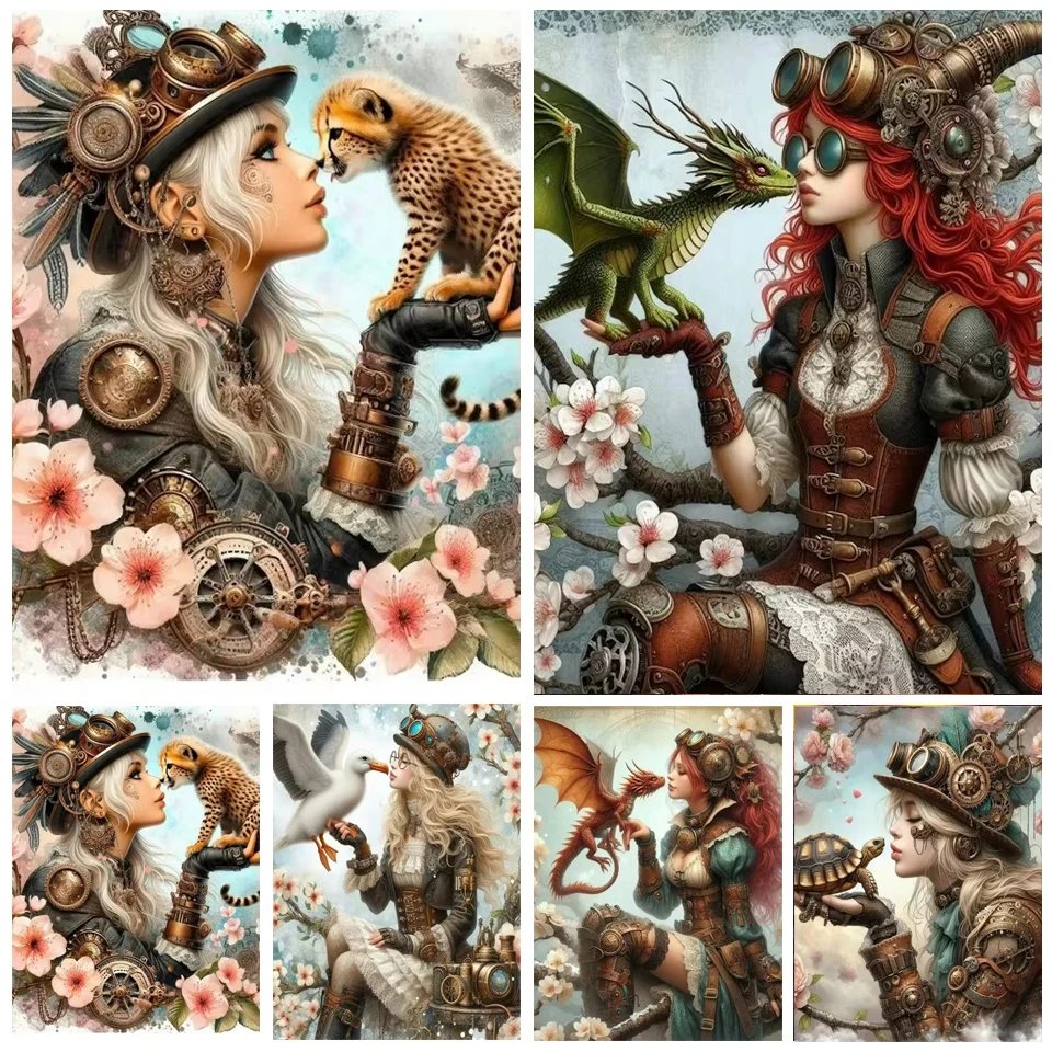 Diamond Painting Steampunk Girl With Dragon Tiger Aniamls Art New 2025 5D DIY Diamond Mosaic Embroidery Cross Stitch Kits