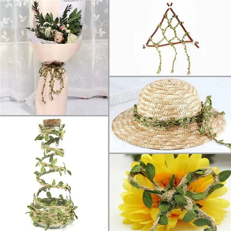 24-Hour Delivery 5X Natural Jute Twine 5MM Hessian Twine With Artificial Leaves Jute Twine For DIY Gift Wrapping Wedding Garden