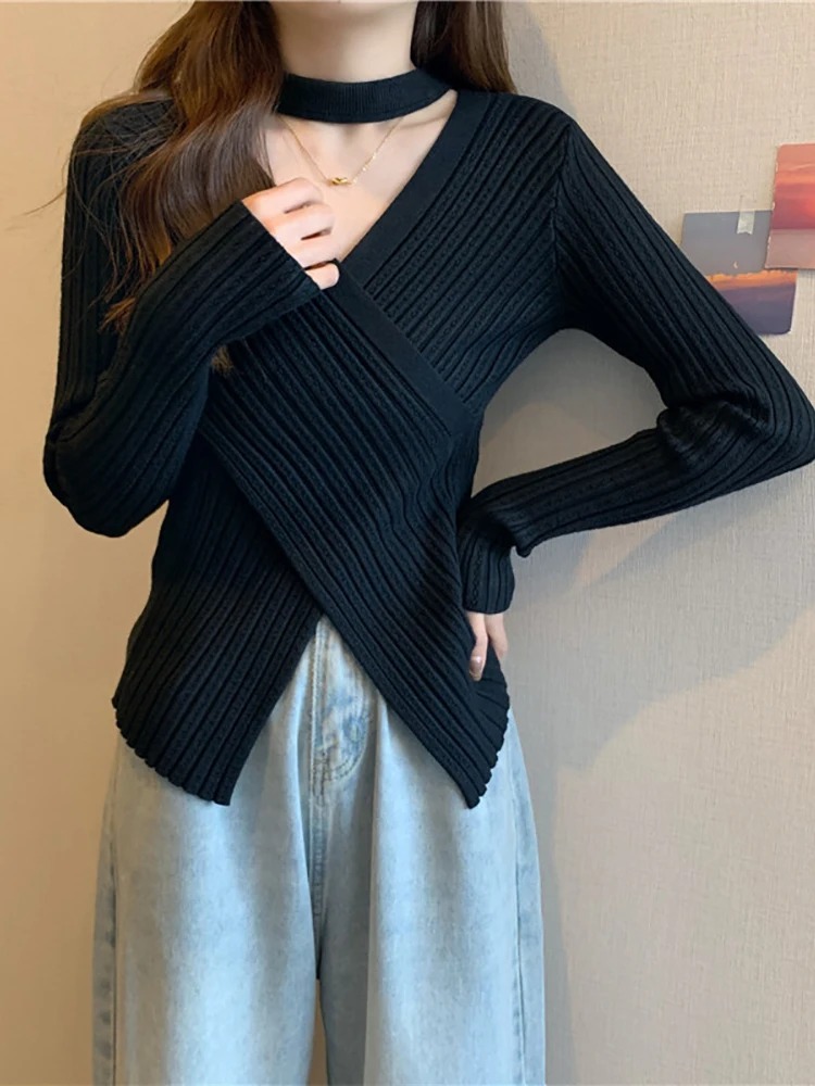 2025 Women Spring Halter Neck Sweater Slim Stretch Sexy Pullovers Long Sleeve Good Quality Women Fashion Sweater Tops