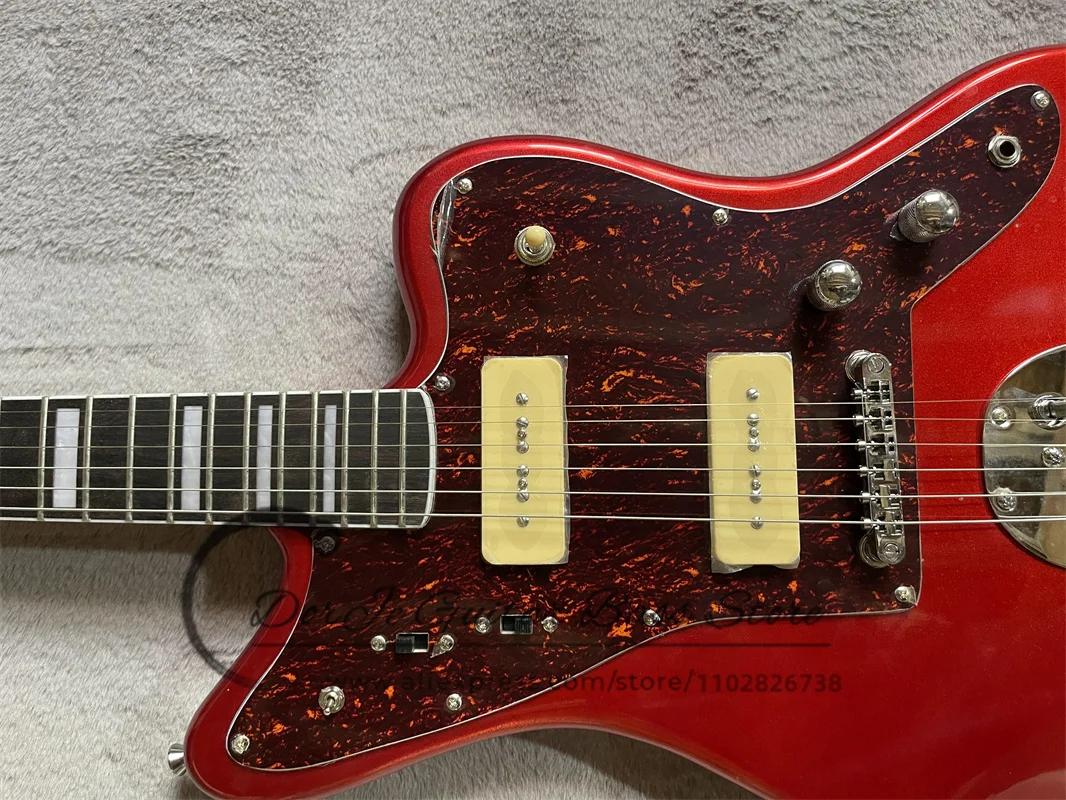 Metal Red Electric Guitar Jag Body Rose Wood fingerboard Shell Inlaid Red Tortoiseshell guard Board P90 Pickup Retro Tuner