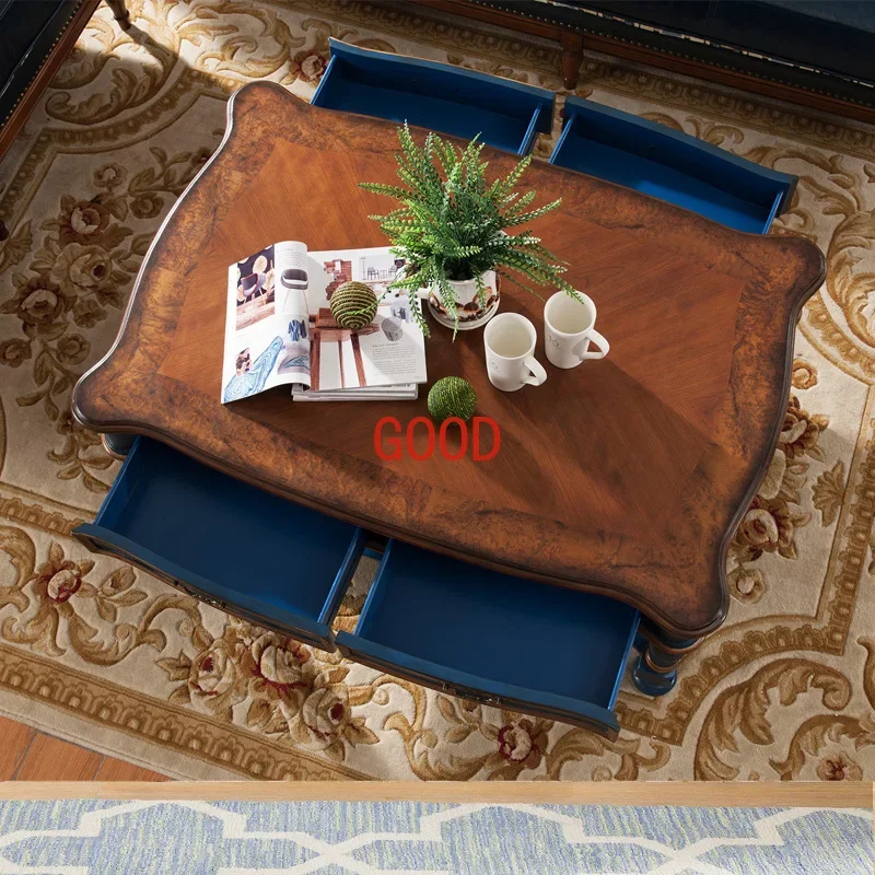 Furniture Solid Wood Coffee Table 1.2 M Double-Sided Drawer Retro Hand Painted Blue Coffee Table