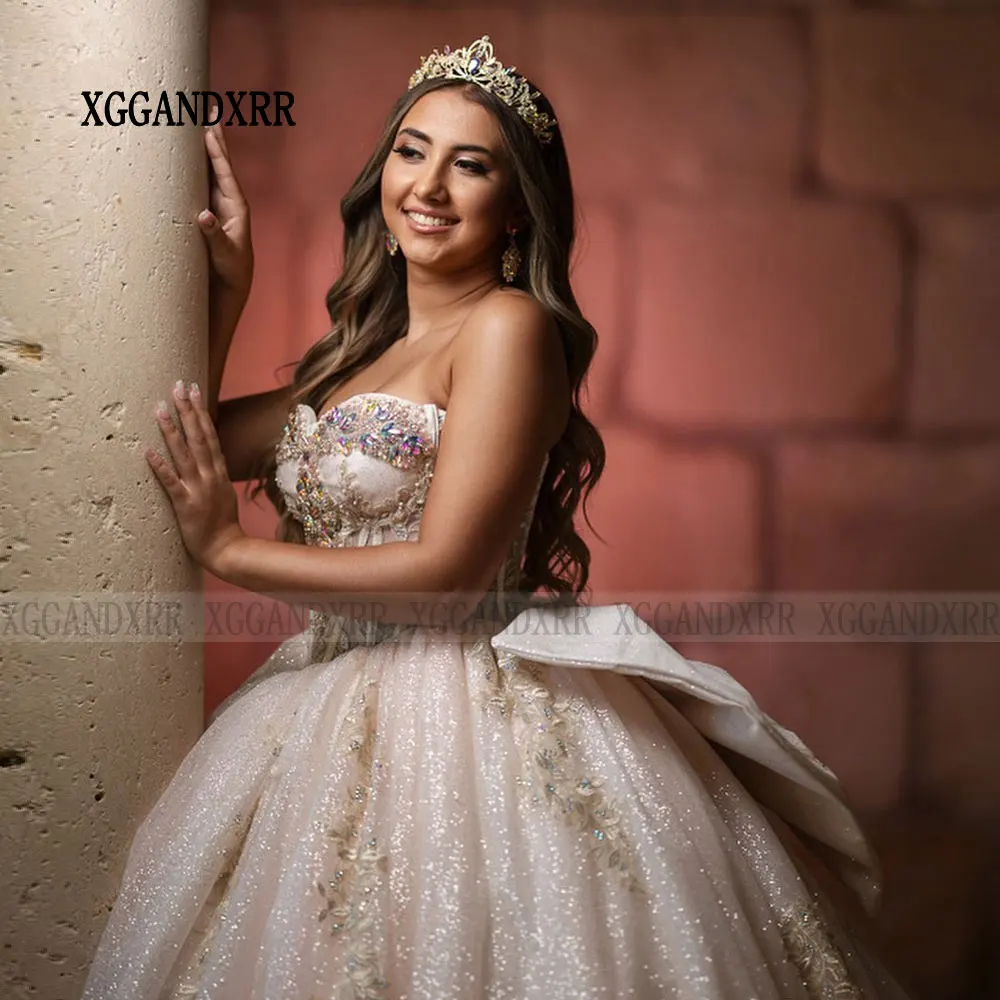 Vestidos De Quinceañera De encaje con apliques florales champán, vestido De baile sin hombros, Vestidos De cumpleaños con lazo De 15 Años, dulce 15 16, 2024