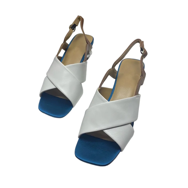 

Withered British Fashion Summer Sandals Shoes Women Blue White Color Cowhide Comfortable Commuting High Heel Sandals Women