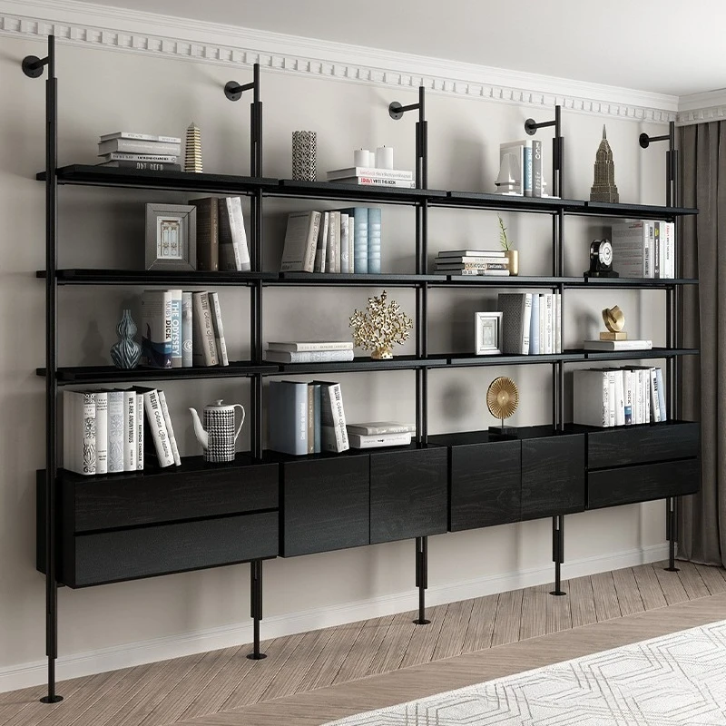 Solid wood bookshelf wall-mounted living room bookcase retro floor storage rack multi-layer shelf wrought iron display cabinet