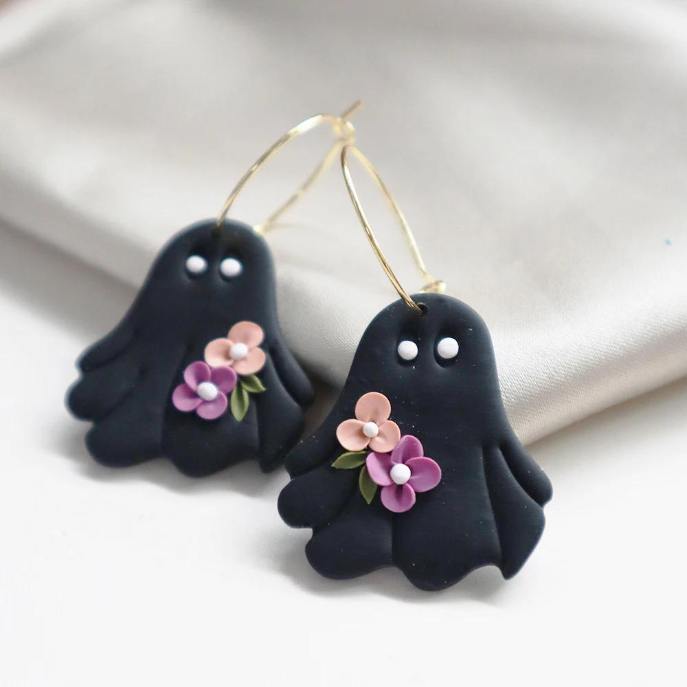 2025 New Fashion Halloween Ghost Flowers Hoops Earring Trendy Ghost Hoop Earrings Polymer Clay Pendant Earrings Jewelry Gifts