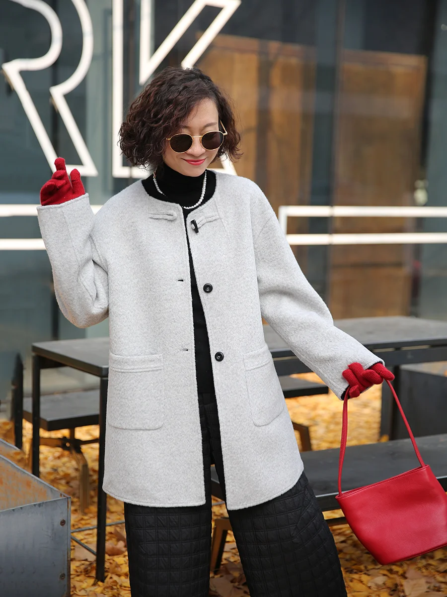 

Ele Vintage Winter Woolen Coat Long Sve round Ne Loose Fit Warm Knitwear Casual Faion Women's Outerwear Coat
