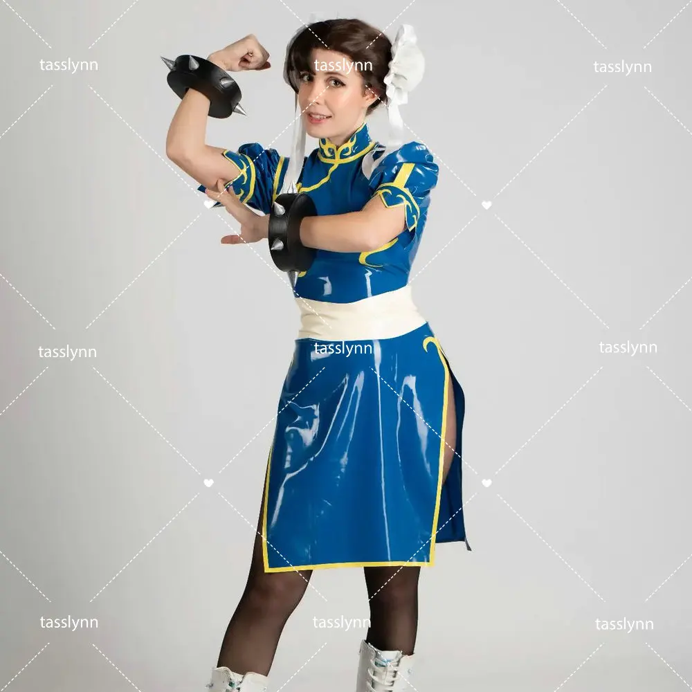 Chun Li Cosplay Trajes para mulheres e meninas, vestido de látex Cheongsam, cinto, vestido azul, jogos